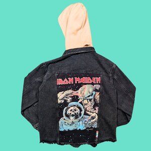 Iron Maiden T-Shirt Upcycled Black Denim Jacket with Removable Hoodie Size L